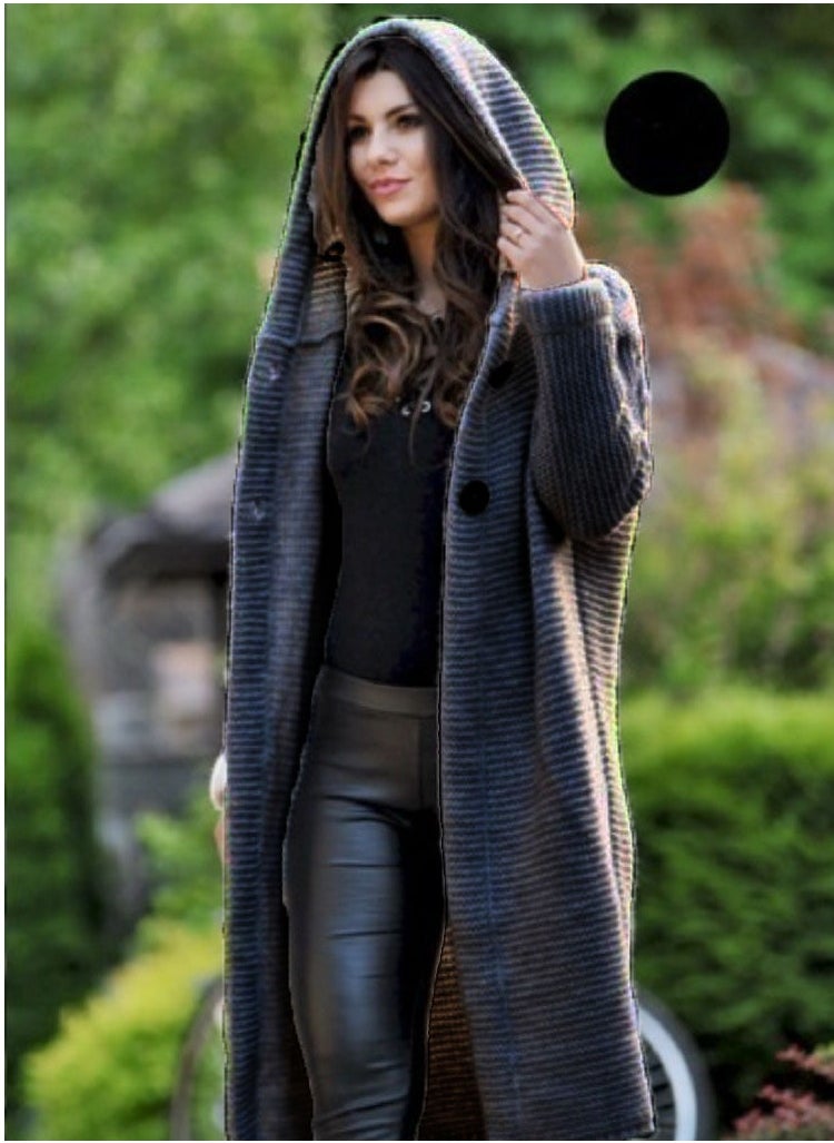 Solid Hooded Button Front Cardigan, Casual Long Sleeve Cardigan For Fall & Winter, Women's Clothing