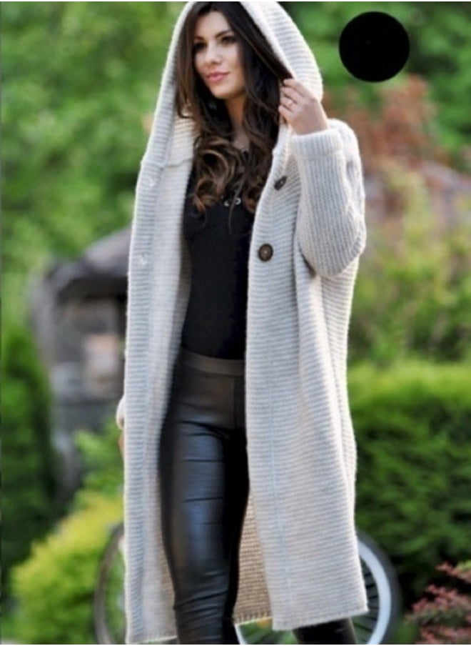Solid Hooded Button Front Cardigan, Casual Long Sleeve Cardigan For Fall & Winter, Women's Clothing