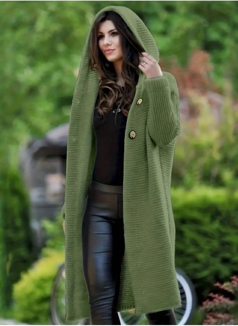 Solid Hooded Button Front Cardigan, Casual Long Sleeve Cardigan For Fall & Winter, Women's Clothing