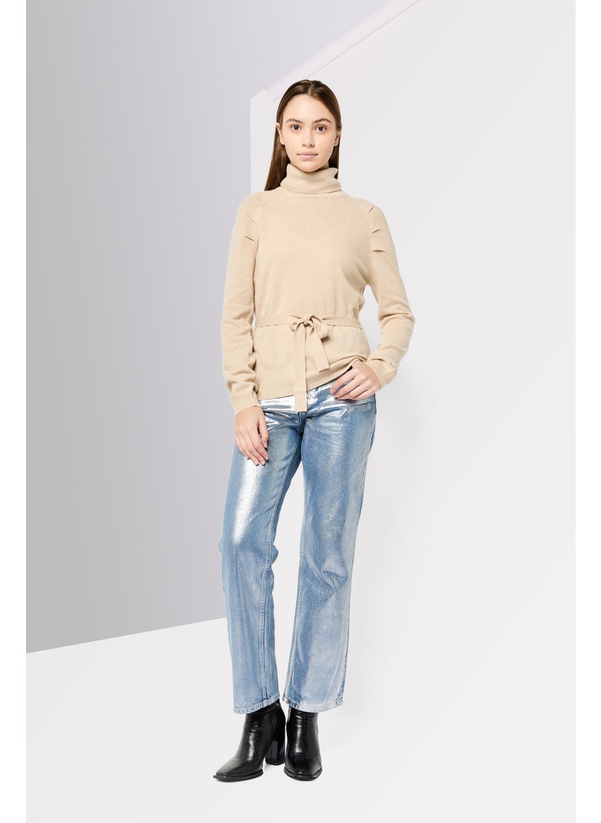 Women Turtle Neck Knitted  Belted Sweater, Beige