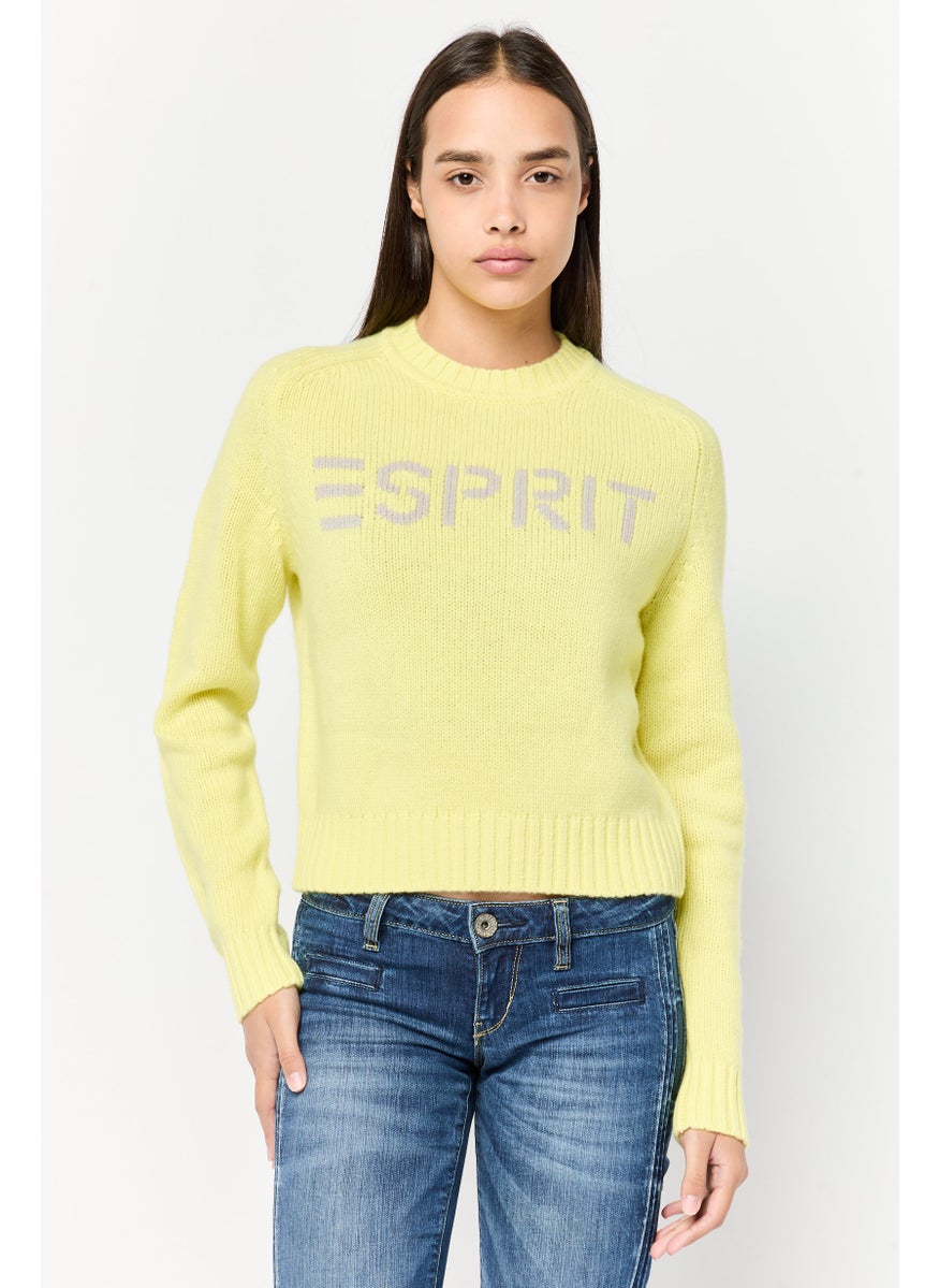 Women Crew Neck Brand Logo Sweater, Lime Green