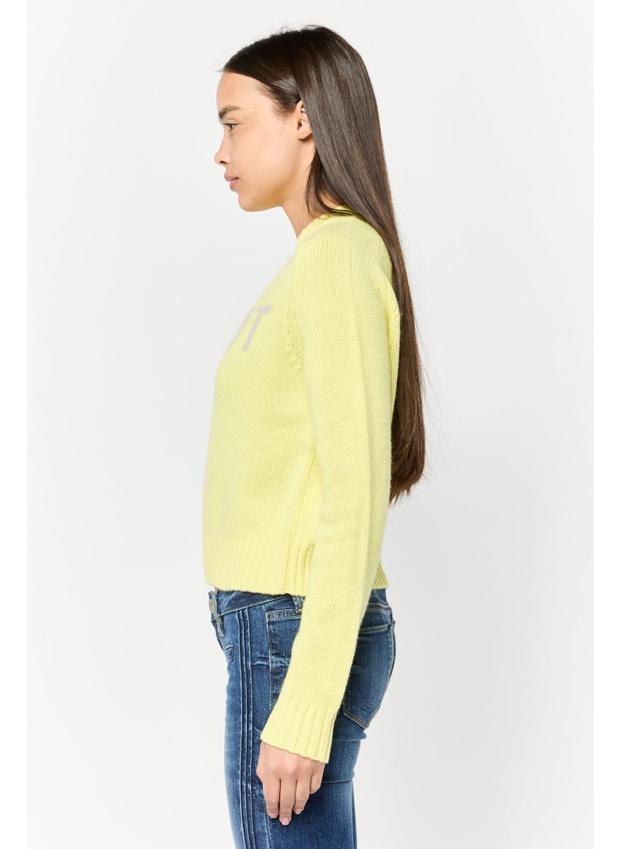 Women Crew Neck Brand Logo Sweater, Lime Green