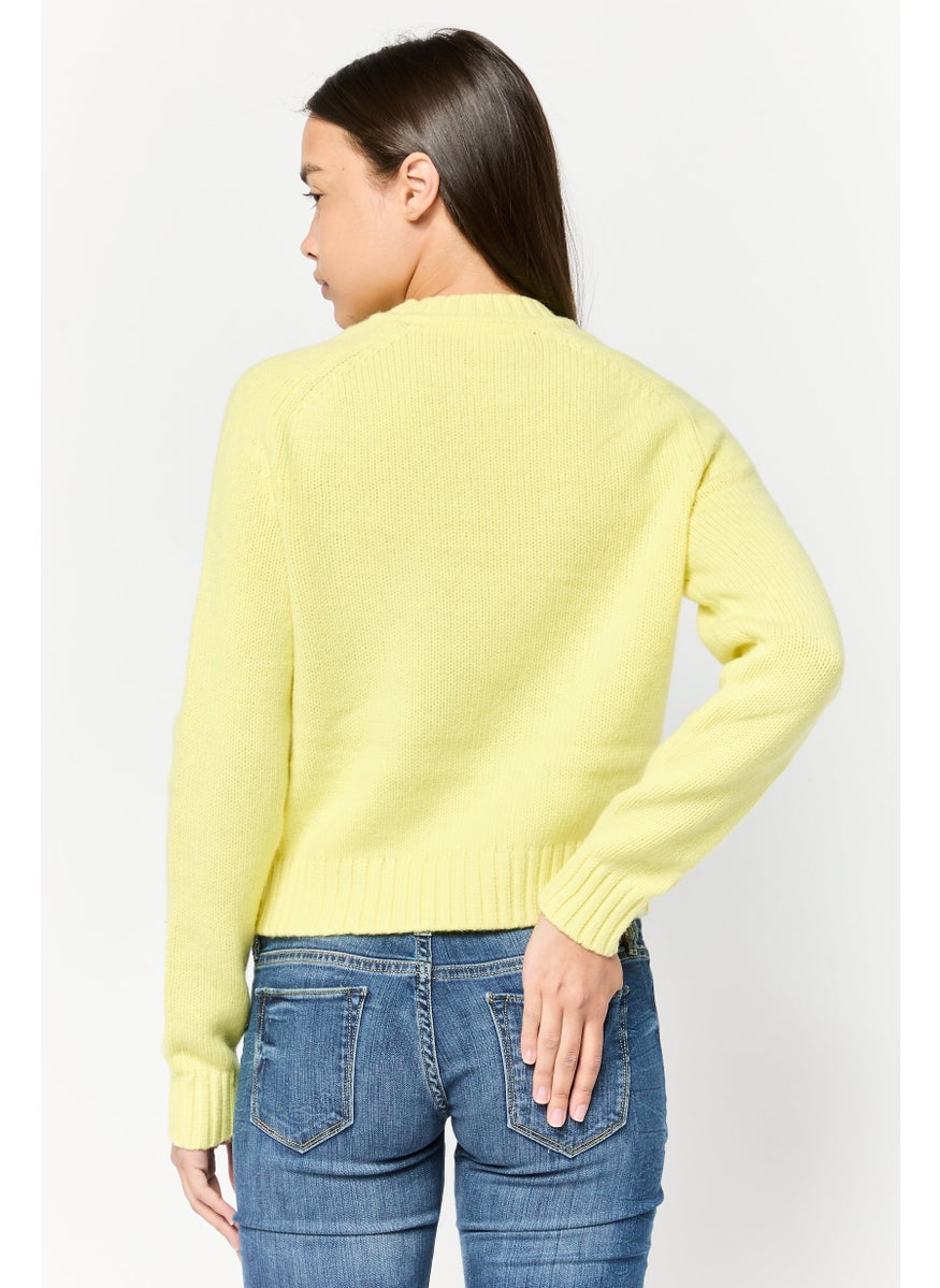 Women Crew Neck Brand Logo Sweater, Lime Green