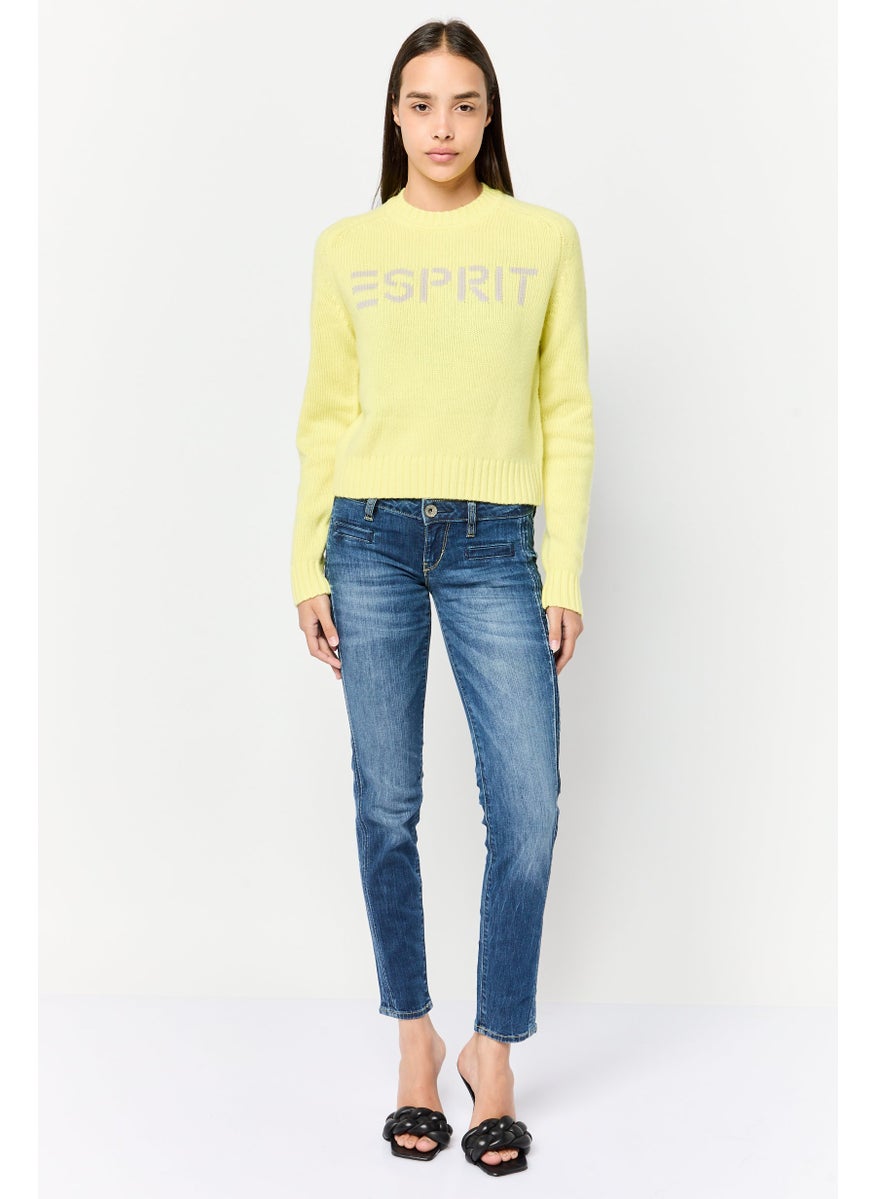 Women Crew Neck Brand Logo Sweater, Lime Green