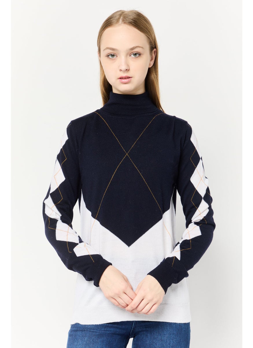 Women Mock Neck Long Sleeves Two Tone Sweater, Multicolor
