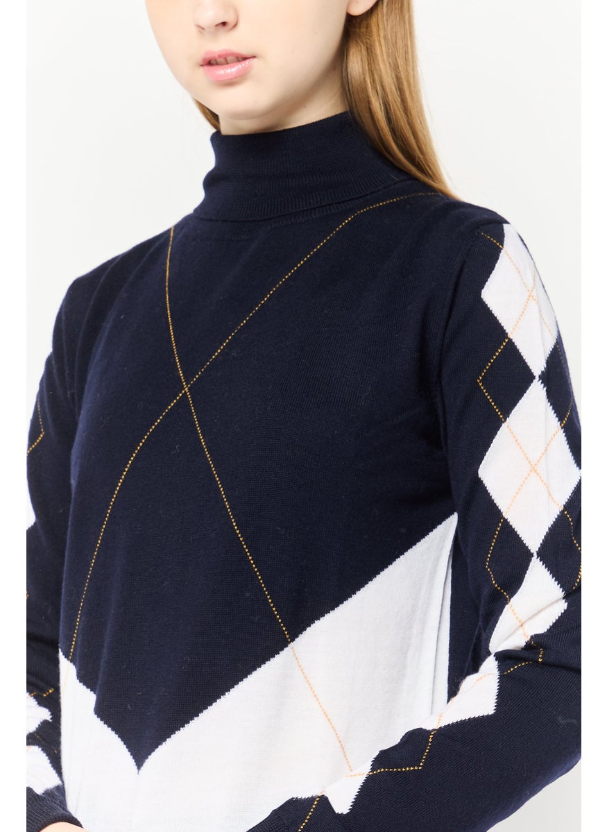 Women Mock Neck Long Sleeves Two Tone Sweater, Multicolor