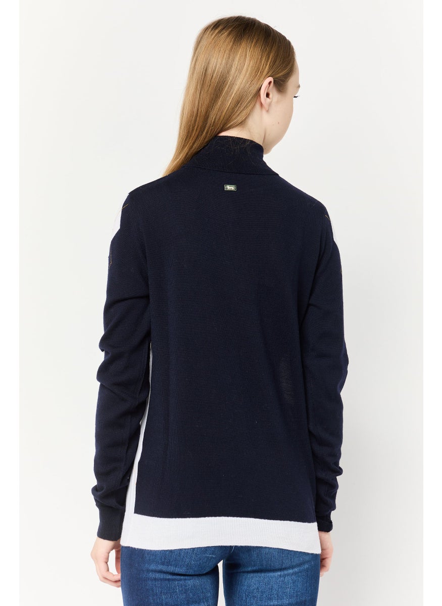 Women Mock Neck Long Sleeves Two Tone Sweater, Multicolor