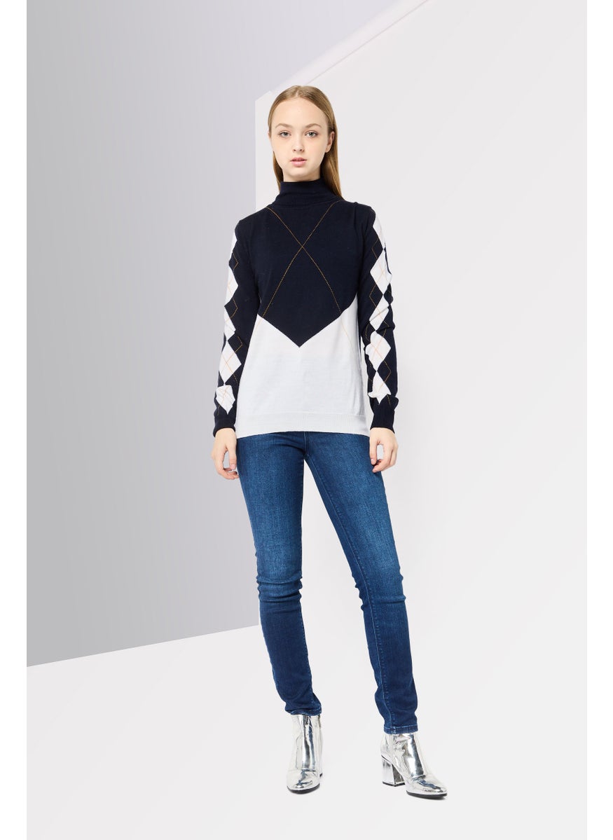 Women Mock Neck Long Sleeves Two Tone Sweater, Multicolor