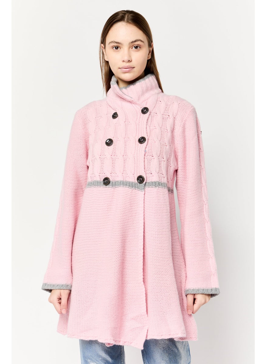 Women Spread Collar Knitted Cardigan, Pink