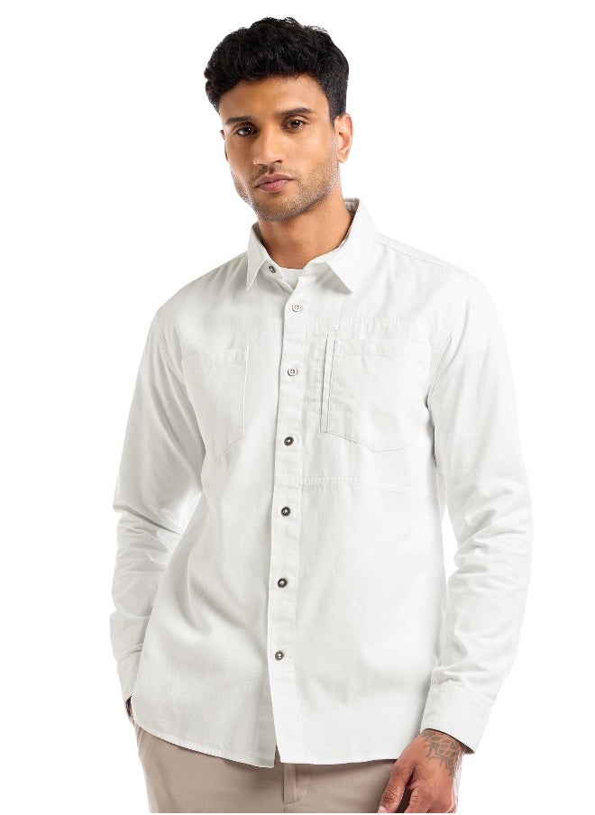 White Full Sleeve Cotton Solid Shirt for Men