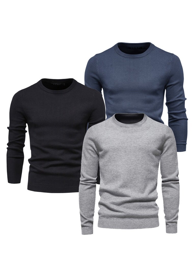 3pcs Men's Autumn And Winter Thickened Warm Skin-friendly Soft Sweater, Skinny Long Sleeve Crew Neck Warm Undershirts Tops