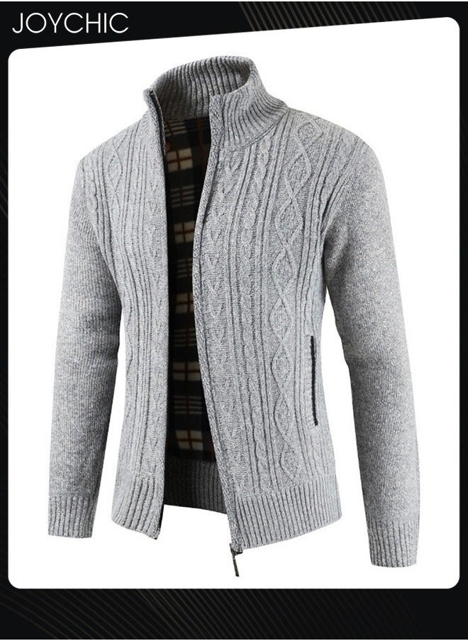 Winter Cardigan Men Casual Autumn Zip Thick Knitted Sweater Pockets Warm Jacket Slim Coat Light Grey