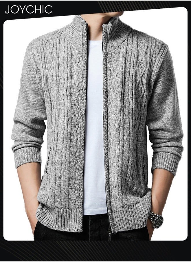 Winter Cardigan Men Casual Autumn Zip Thick Knitted Sweater Pockets Warm Jacket Slim Coat Light Grey