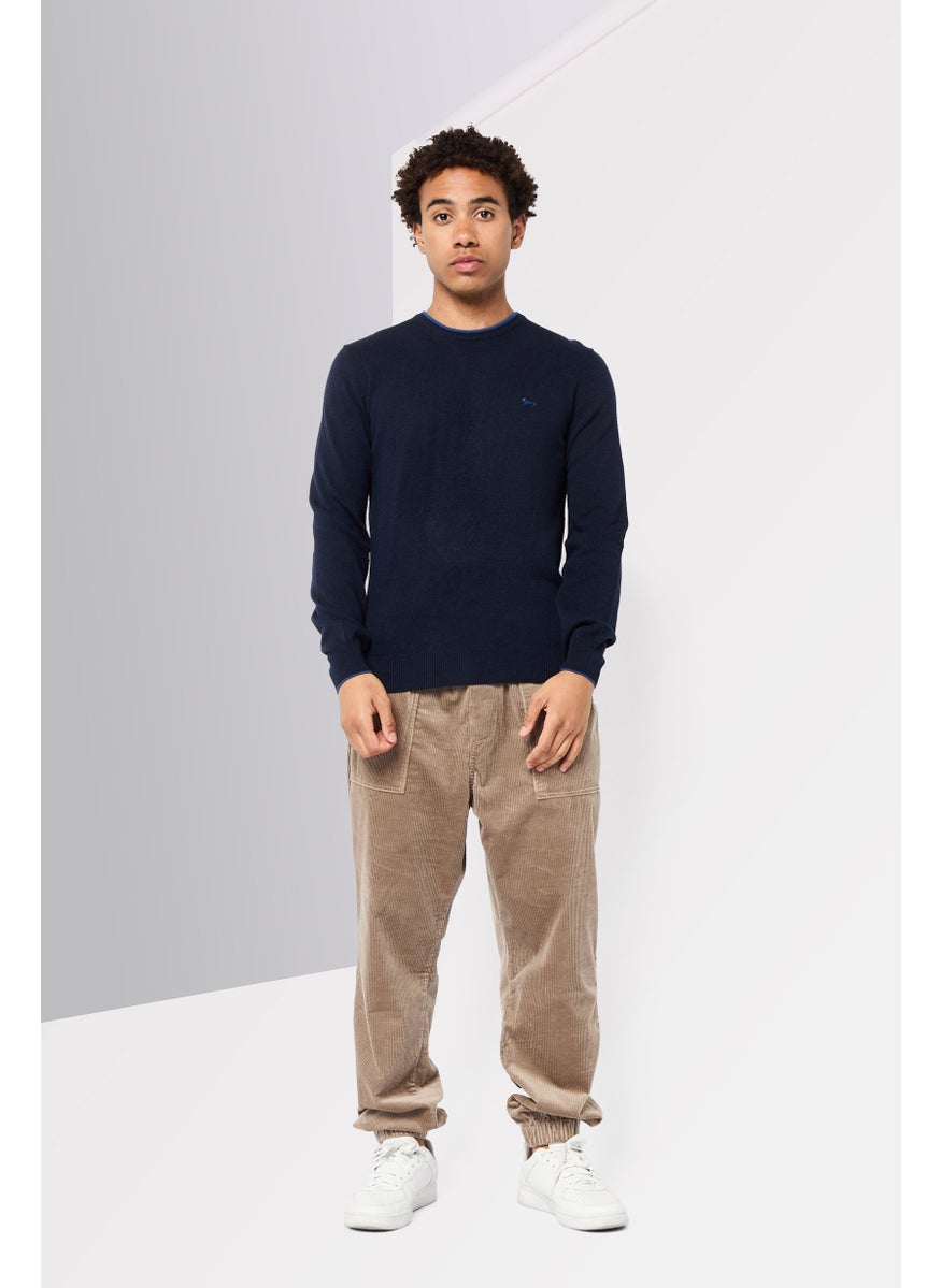 Men Crew Neck Knitted Sweater, Navy Blue