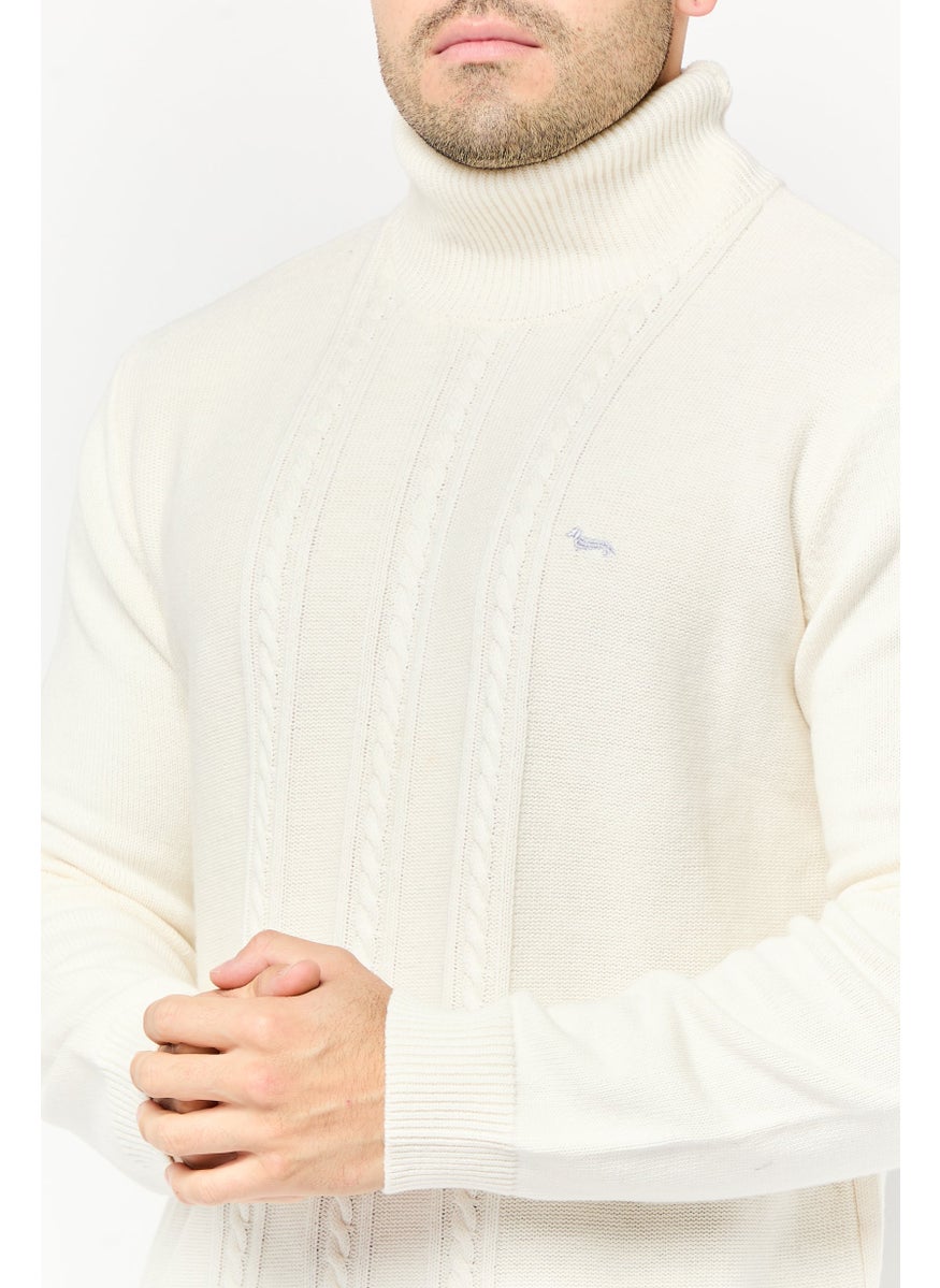 Men Turtle Neck Long Sleeve Embroidered Logo Sweater, Off White