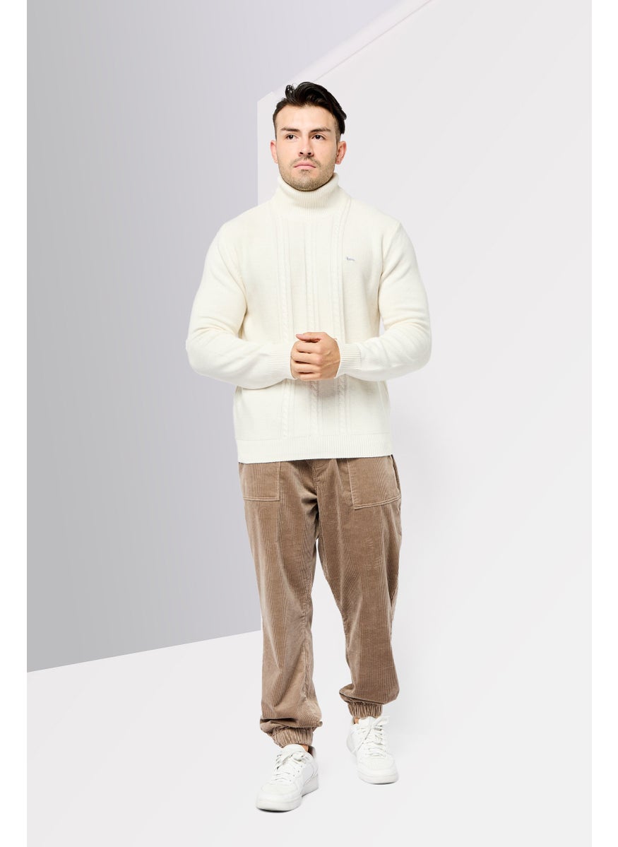 Men Turtle Neck Long Sleeve Embroidered Logo Sweater, Off White