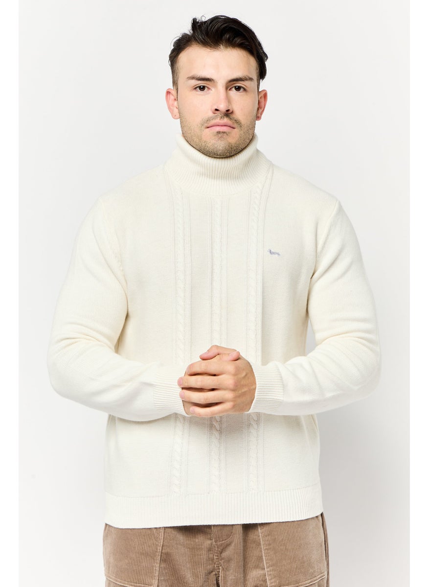 Men Turtle Neck Long Sleeve Embroidered Logo Sweater, Off White