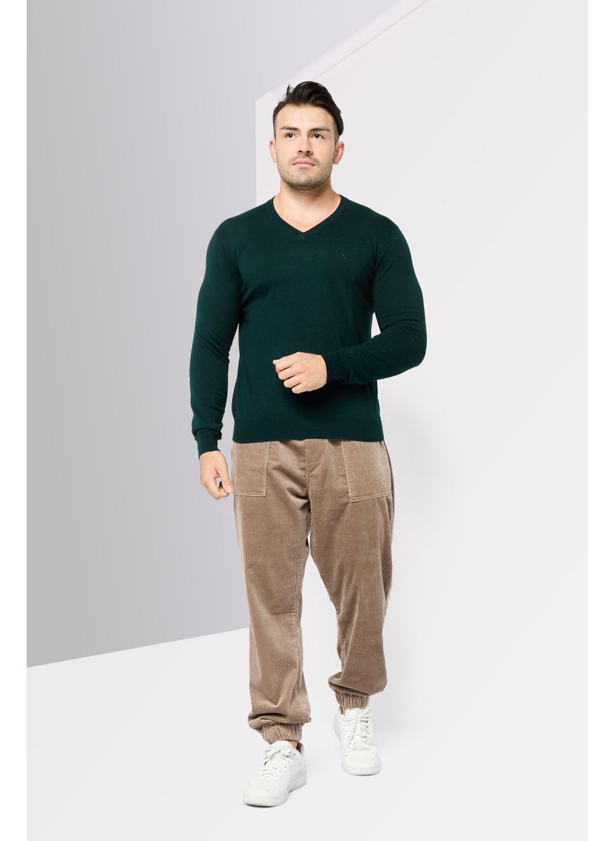 Men V Neck Long Sleeve Brand Logo Sweater, Green