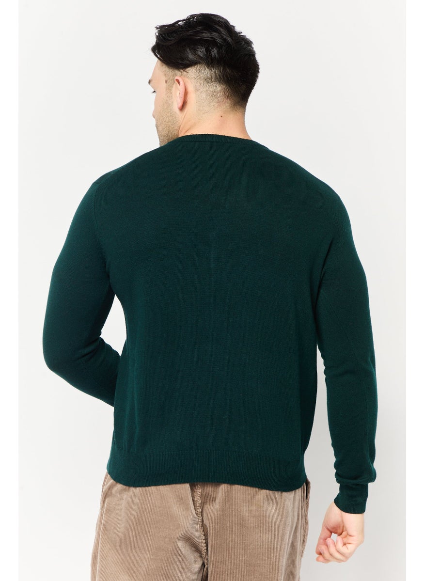 Men V Neck Long Sleeve Brand Logo Sweater, Green
