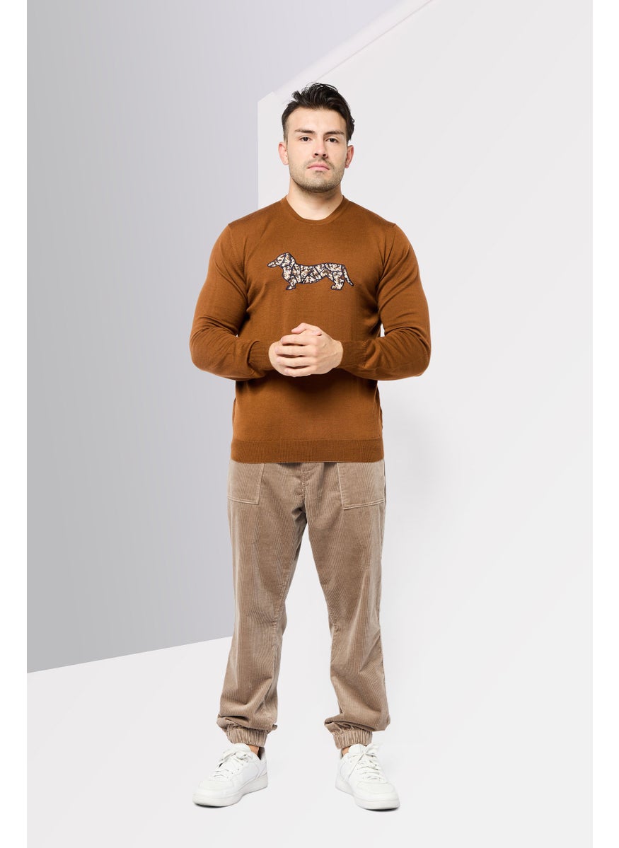 Men Crew Neck Long Sleeve Brand Logo Sweater, Brown