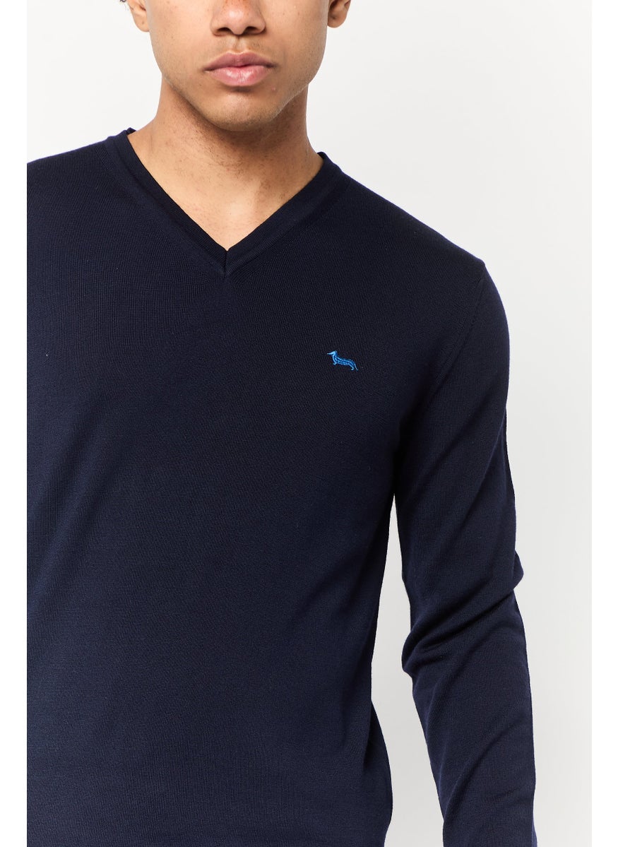 Men V-Neck Long Sleeves Embroidered Logo Sweater, Navy