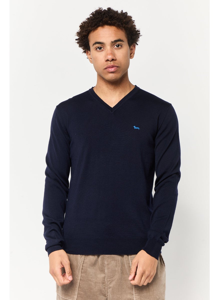 Men V-Neck Long Sleeves Embroidered Logo Sweater, Navy