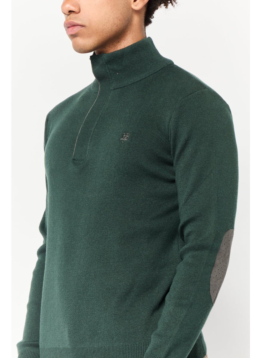 Men Mock Neck Embroidered Logo Sweater, Green