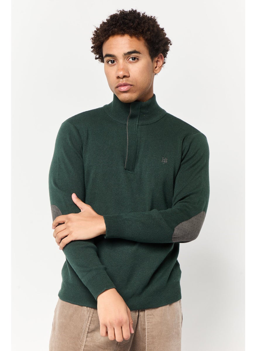 Men Mock Neck Embroidered Logo Sweater, Green