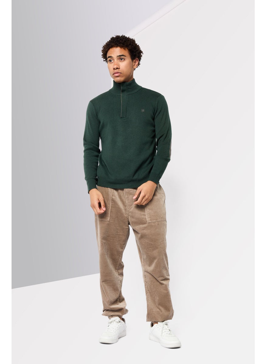 Men Mock Neck Embroidered Logo Sweater, Green
