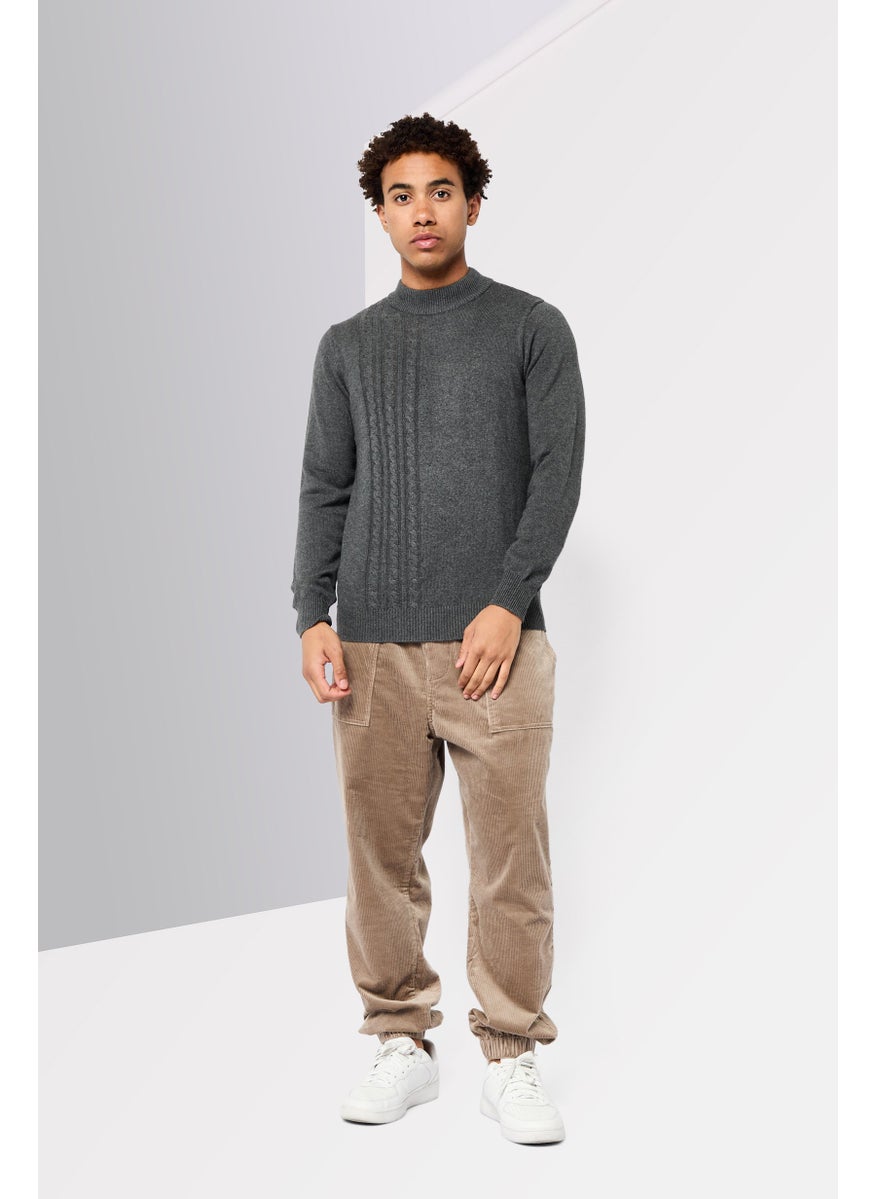 Men Ribbed Collar Long Sleeve Knitted Sweater, Dark Grey