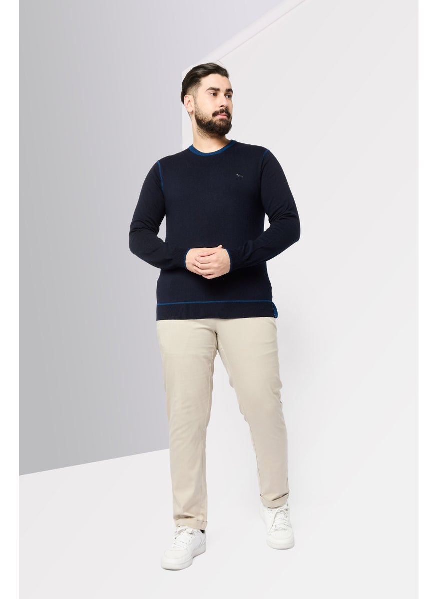 Men Crew Neck Embroidered Logo Sweater, Navy