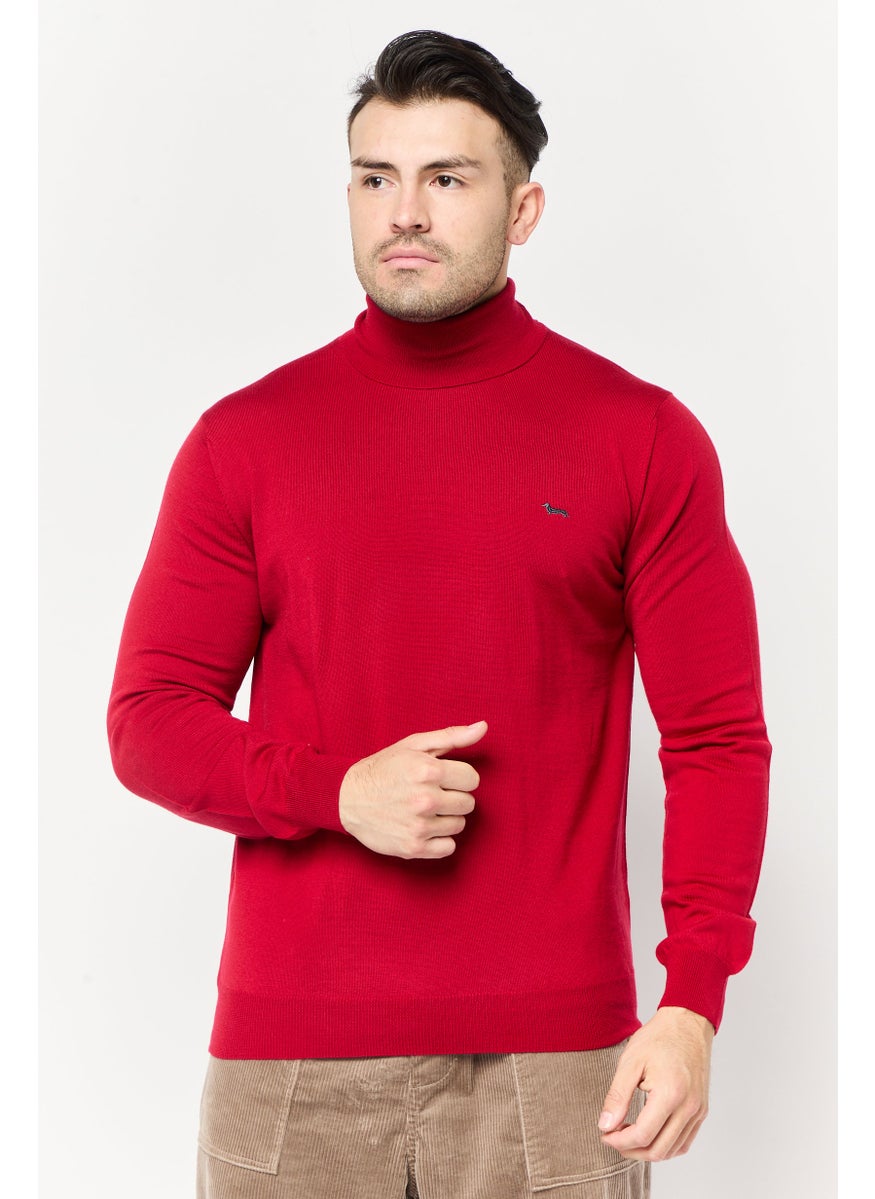 Men Turtle Neck Long Sleeves Embroidered Logo Sweater, Red