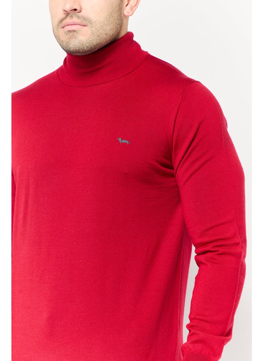 Men Turtle Neck Long Sleeves Embroidered Logo Sweater, Red