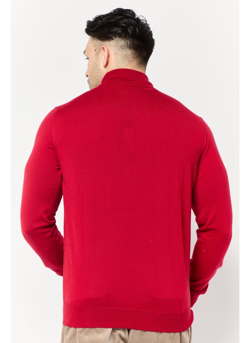 Men Turtle Neck Long Sleeves Embroidered Logo Sweater, Red