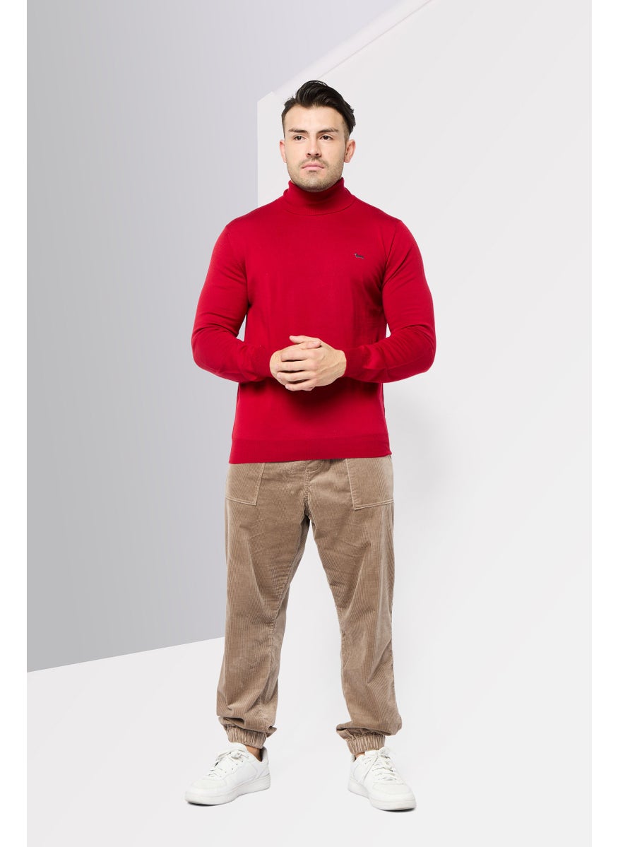 Men Turtle Neck Long Sleeves Embroidered Logo Sweater, Red