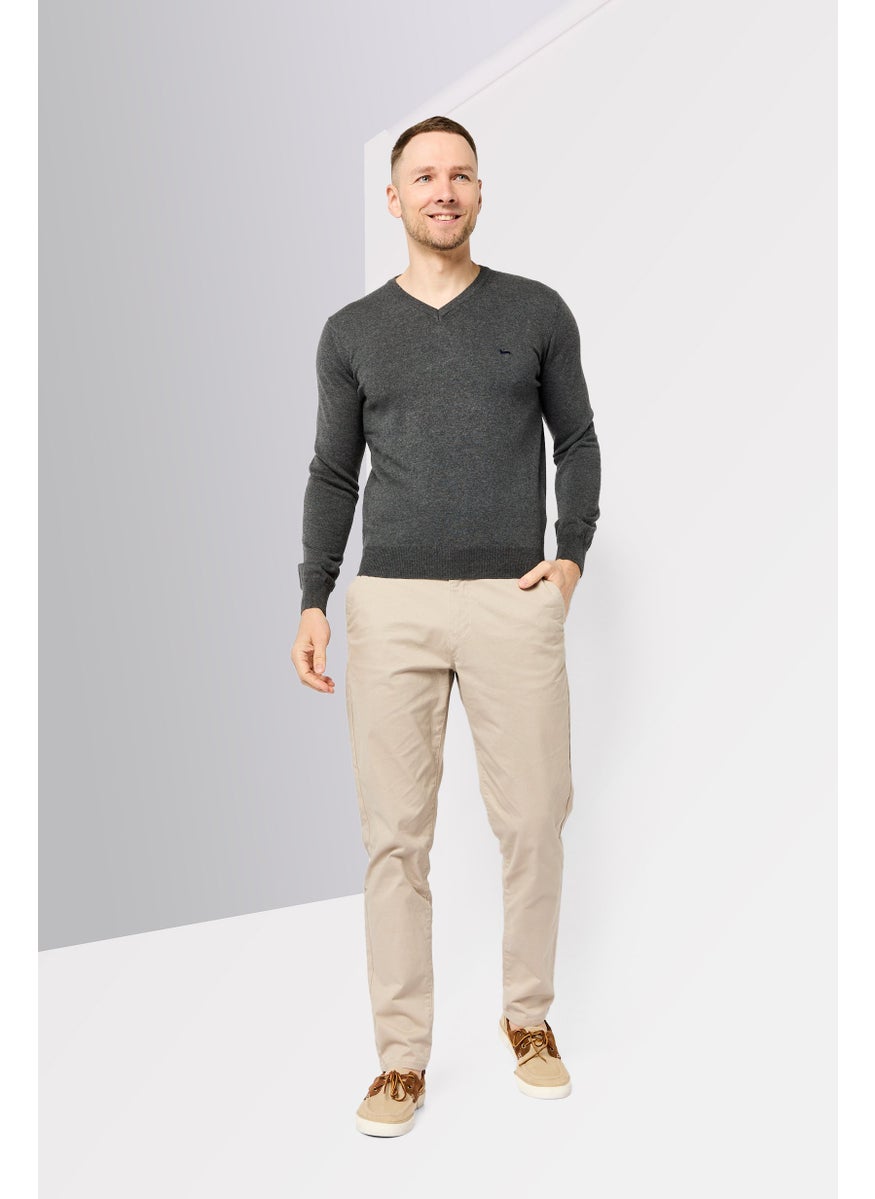 Men Crew Neck Long Sleeves Embroidered Sweater, Grey