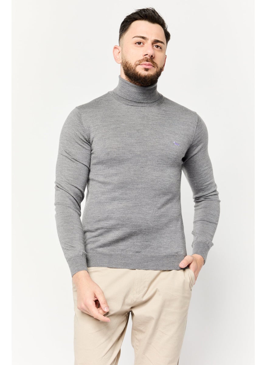 Men Turtle Neck Embroidered Logo Sweater, Grey