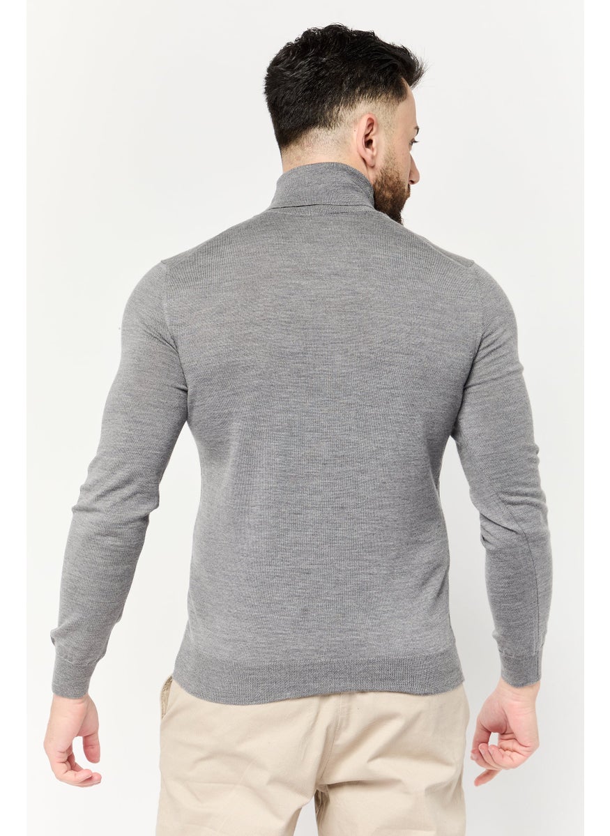 Men Turtle Neck Embroidered Logo Sweater, Grey