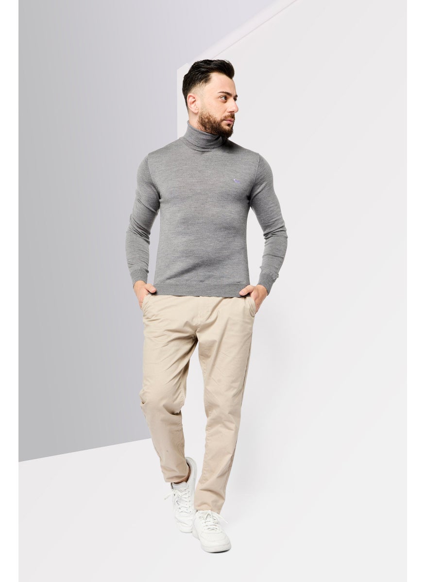 Men Turtle Neck Embroidered Logo Sweater, Grey