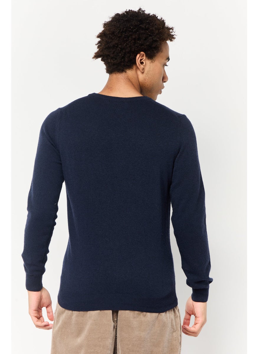 Men Crew Neck Knitted Sweater, Dark Navy
