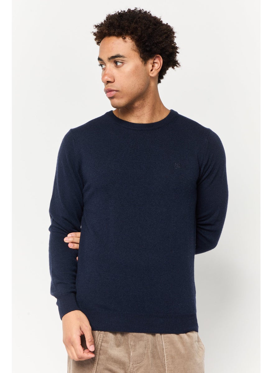 Men Crew Neck Knitted Sweater, Dark Navy