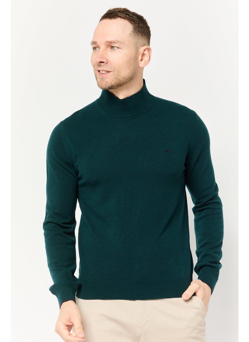 Men High Neck Long Sleeve Brand Logo Sweater, Green