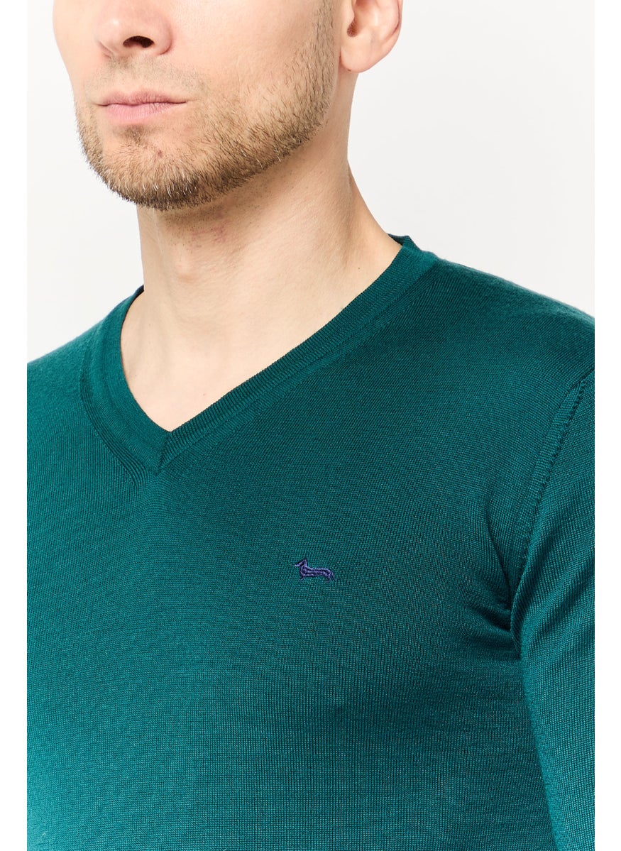 Men V-Neck Embroidered Logo Sweater, Green