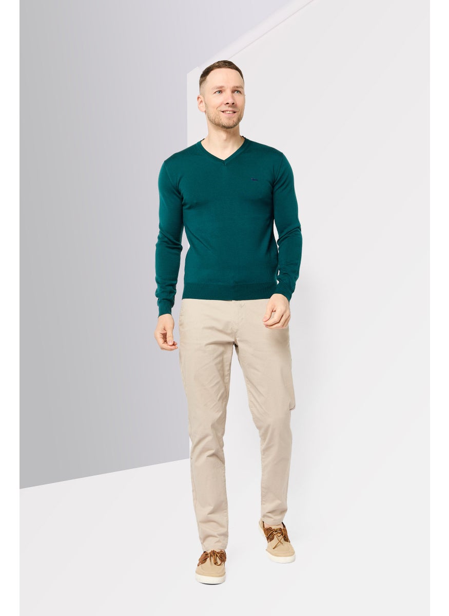 Men V-Neck Embroidered Logo Sweater, Green