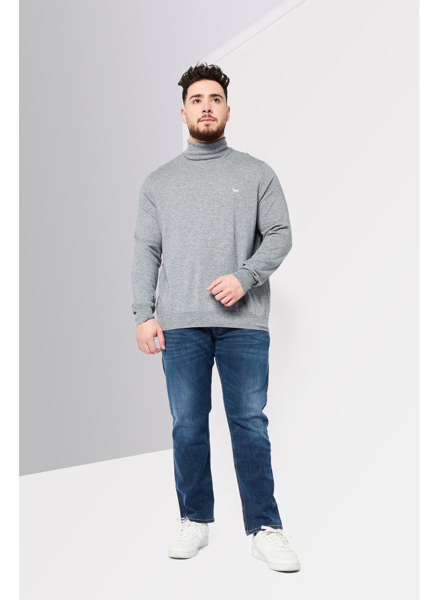 Men Turtle Neck Embroidered Logo Long Sleeve Sweater, Grey