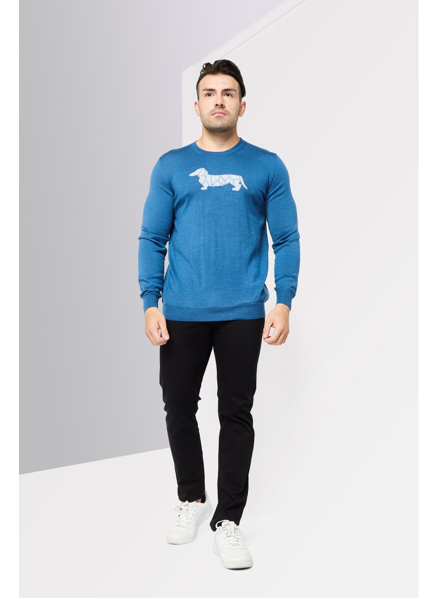 Men Crew Neck Textured Sweaters, Slate Blue
