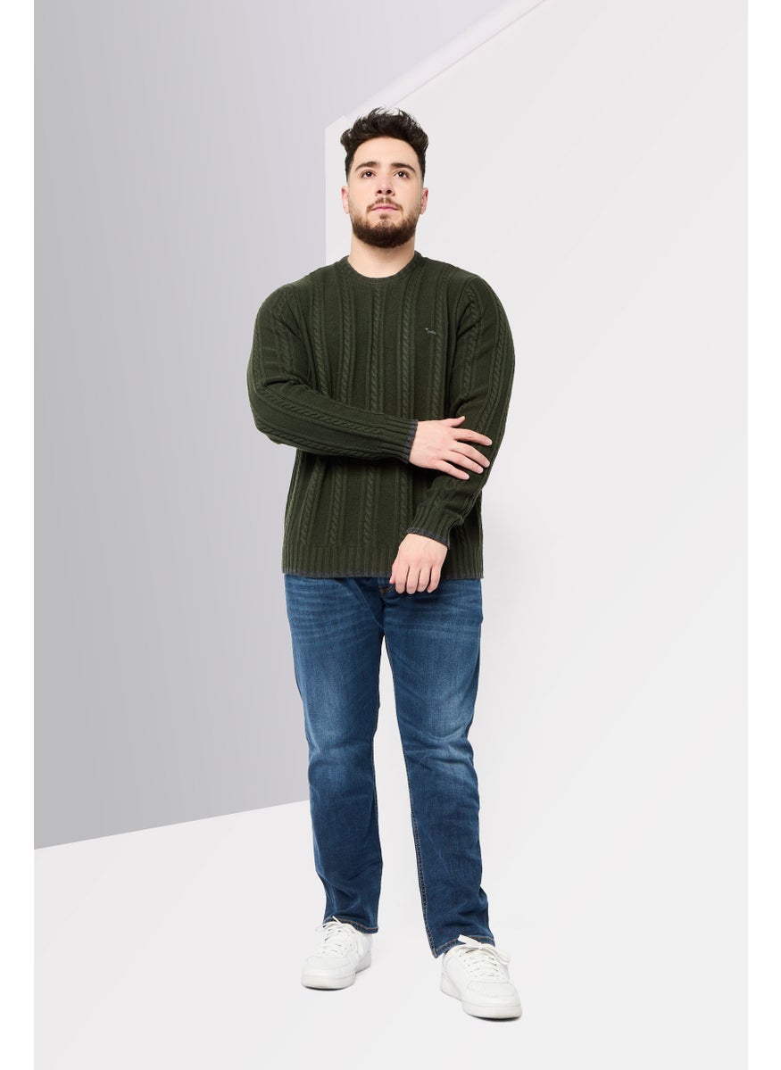Men Crew Neck Long Sleeve Brand Logo Sweater, Olive