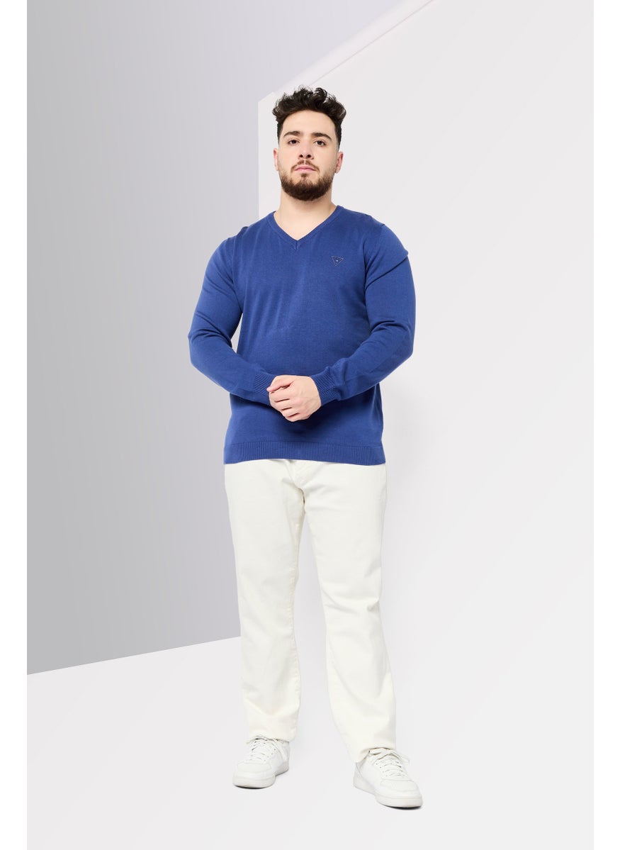 Men V Neck Brand Logo Long Sleeve Sweater, Prussian Blue