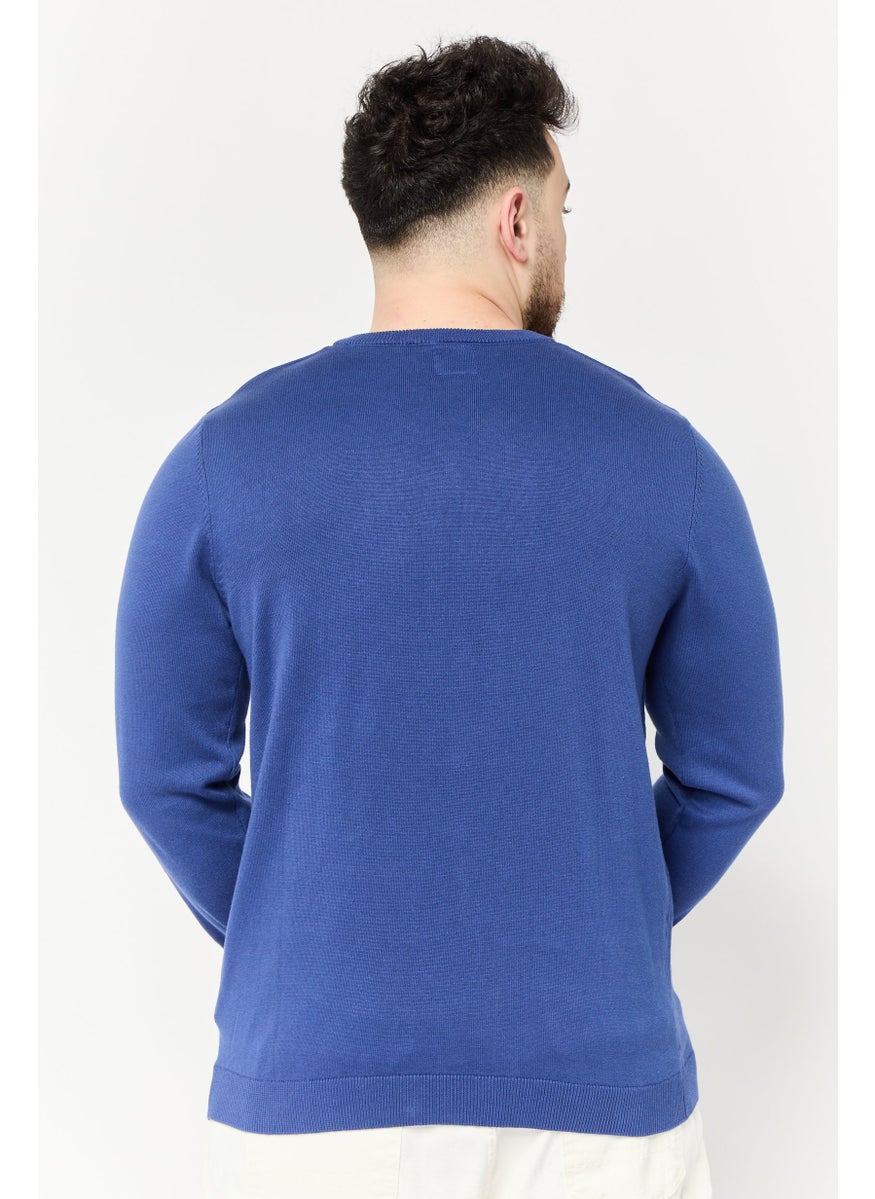 Men V Neck Brand Logo Long Sleeve Sweater, Prussian Blue