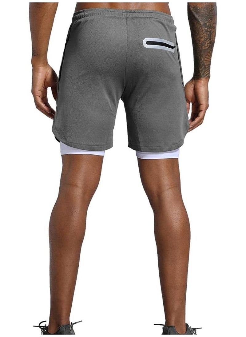 Men's 2 in 1 Fitness Running Shorts Lined Lightweight Training Yoga Gym 7 Inch Shorts with Zipper Pockets